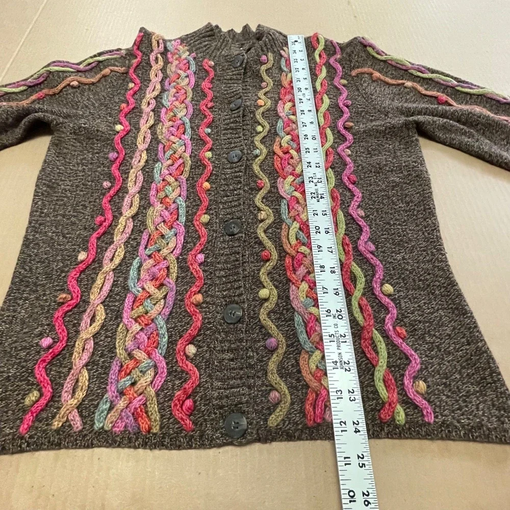 Vintage Talbots Womens L Cardigan Bright Striped Textured USA Made Floral Button - Picture 9 of 14